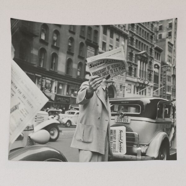 Item preview, The Daily News - Treaty of Versailles newspaper being sold on New York City street vintage black and white photograph designed and sold by Astrid Arkhangelsky.