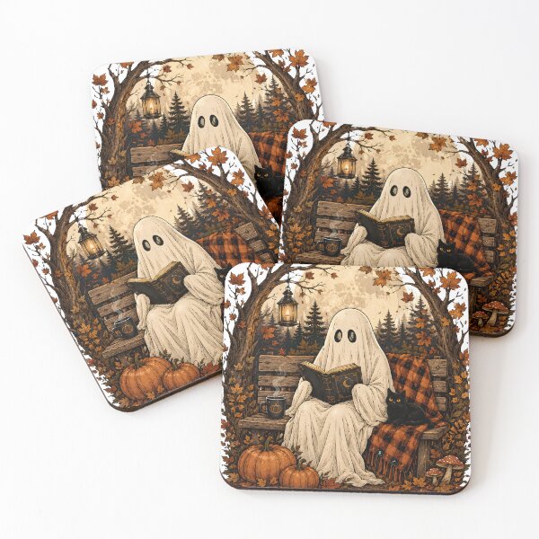 Item preview, Cozy Ghost Reading on Autumn Bench designed and sold by Drift Pattern Studio.
