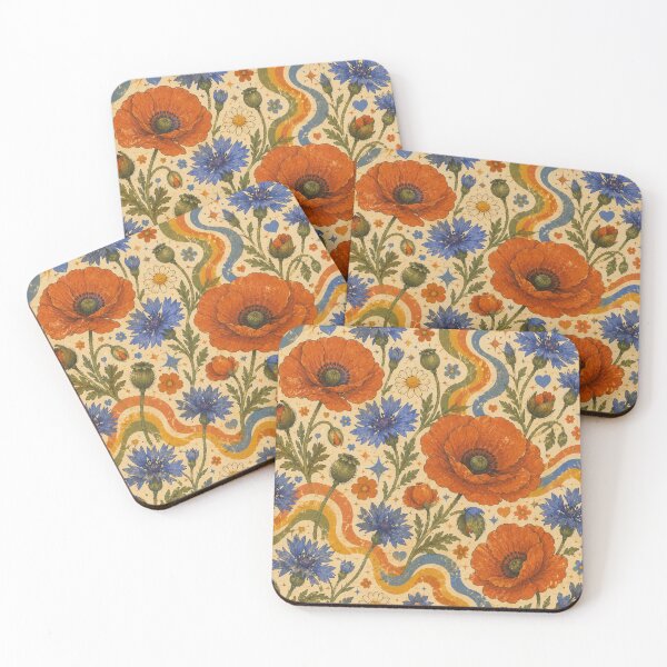 Item preview, Blue Cornflowers and Poppies – Groovy 70s Wildflower Pattern designed and sold by MarekoraStudio.