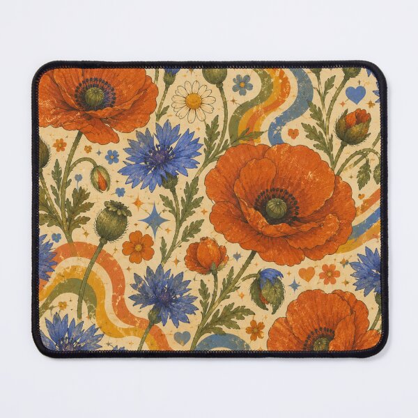 Item preview, Blue Cornflowers and Poppies – Groovy 70s Wildflower Pattern designed and sold by MarekoraStudio.