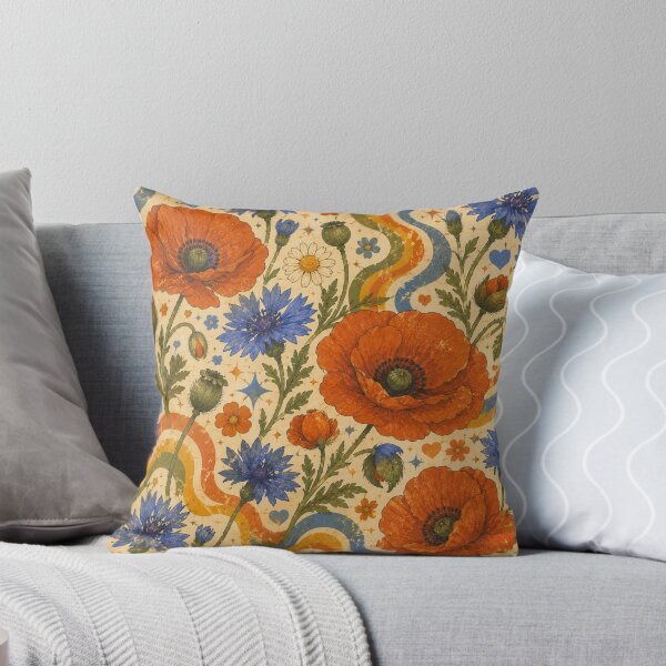 Item preview, Blue Cornflowers and Poppies – Groovy 70s Wildflower Pattern designed and sold by MarekoraStudio.