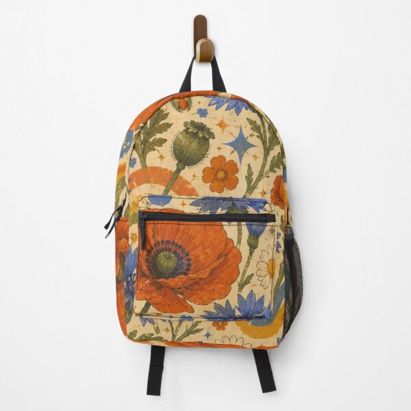 Item preview, Blue Cornflowers and Poppies – Groovy 70s Wildflower Pattern designed and sold by MarekoraStudio.