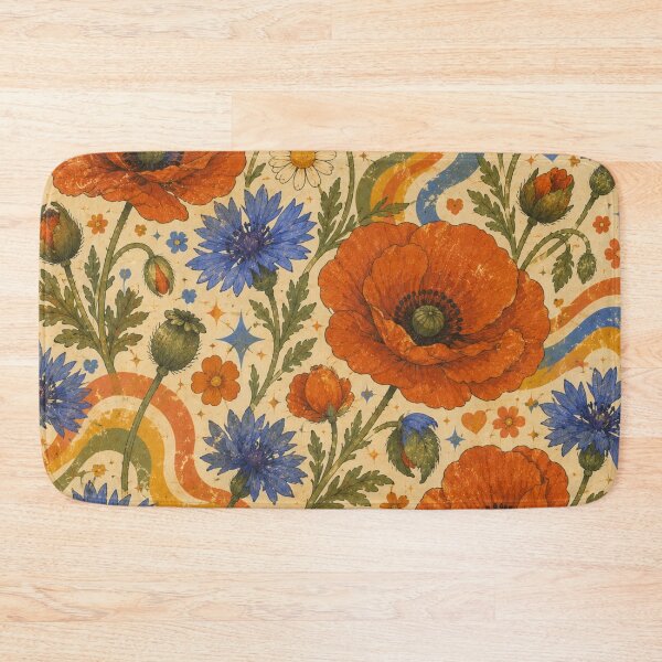 Item preview, Blue Cornflowers and Poppies – Groovy 70s Wildflower Pattern designed and sold by MarekoraStudio.