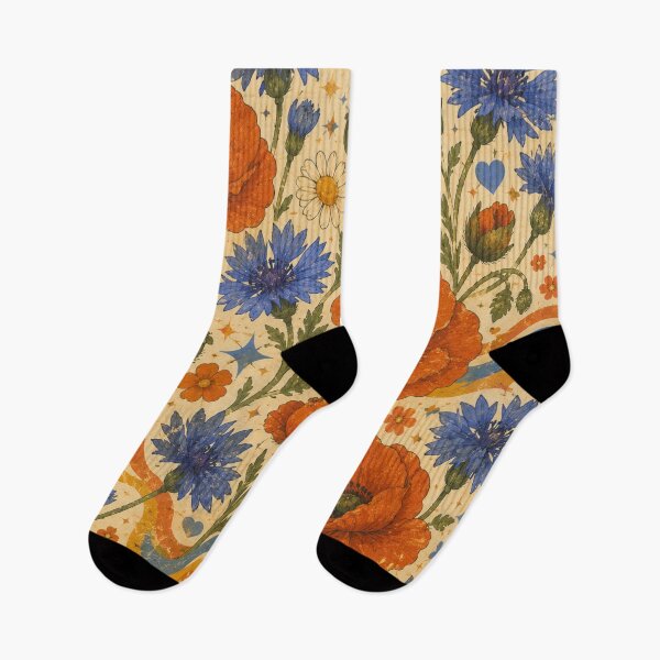 Item preview, Blue Cornflowers and Poppies – Groovy 70s Wildflower Pattern designed and sold by MarekoraStudio.