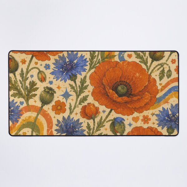 Item preview, Blue Cornflowers and Poppies – Groovy 70s Wildflower Pattern designed and sold by MarekoraStudio.