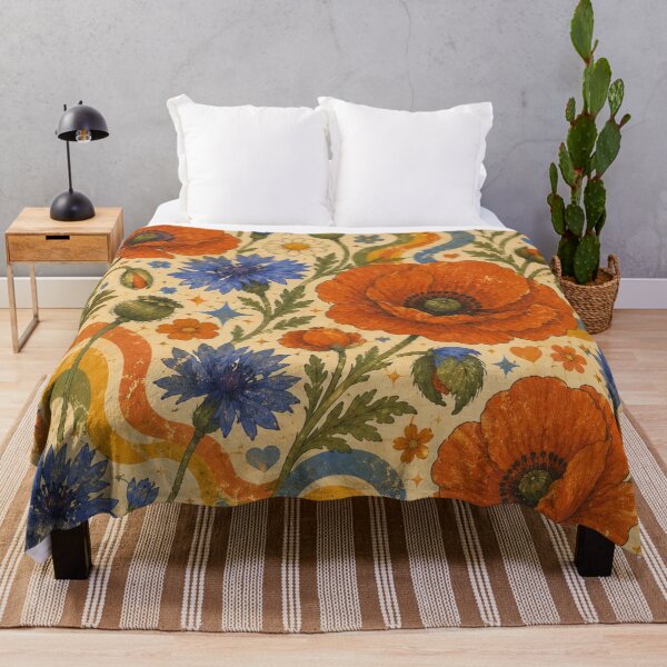 Item preview, Blue Cornflowers and Poppies – Groovy 70s Wildflower Pattern designed and sold by MarekoraStudio.