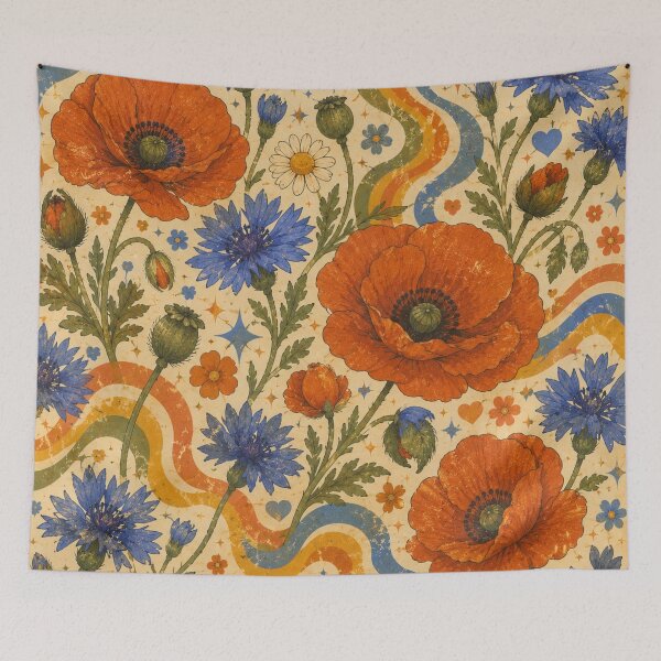 Item preview, Blue Cornflowers and Poppies – Groovy 70s Wildflower Pattern designed and sold by MarekoraStudio.