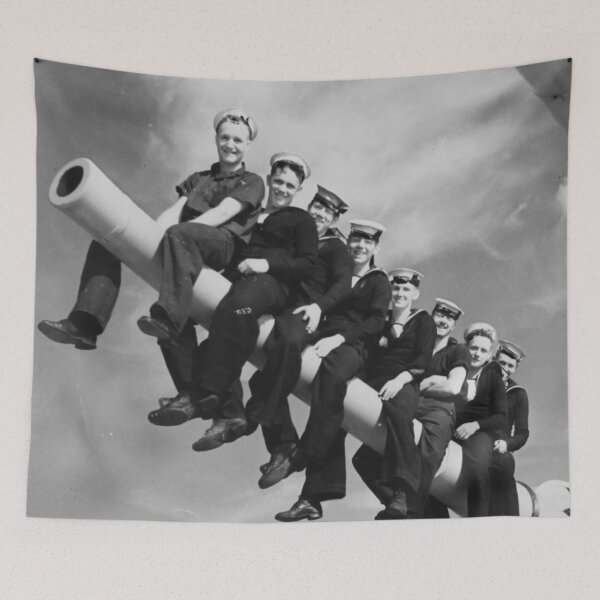Item preview, Hilarious Seamen on a Naval Gun WWII vintage funny humorous black and white photograph designed and sold by Astrid Arkhangelsky.