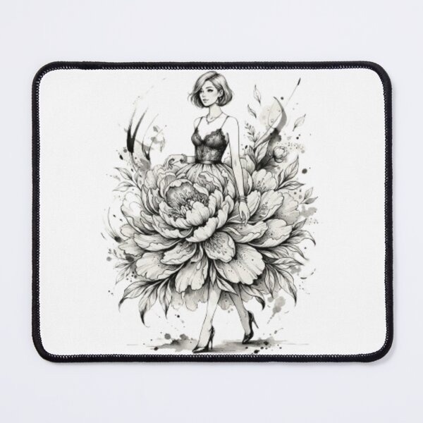 Item preview, "Soft Petal Bloom" – Elegant Woman with Pink Peony Skirt Ink Illustration designed and sold by Nakrisa.