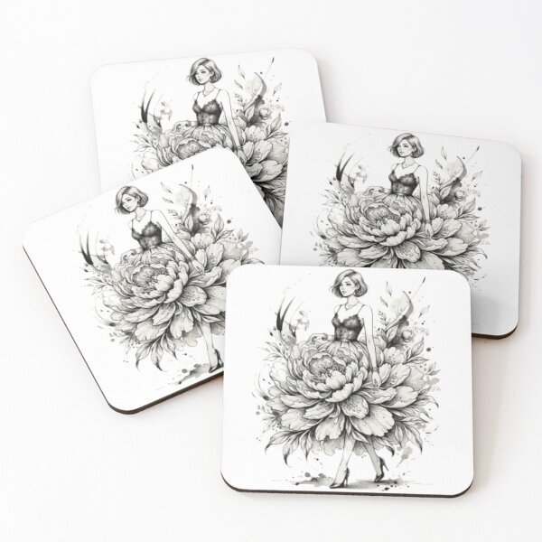 Item preview, ​"Soft Petal Bloom" – Elegant Woman with Pink Peony Skirt Ink Illustration designed and sold by Nakrisa.