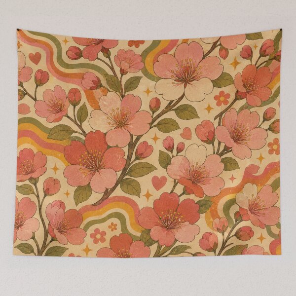 Item preview, Groovy Cherry Blossoms – Vintage 70s Floral Pattern designed and sold by MarekoraStudio.