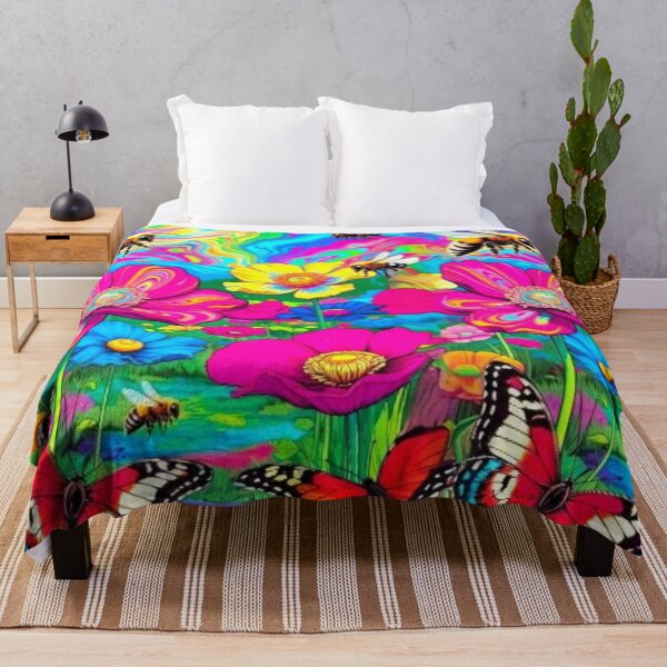 Item preview, Psychedelic Neon Meadow - Trippy Flower Bee Garden Art designed and sold by Nexus Space.