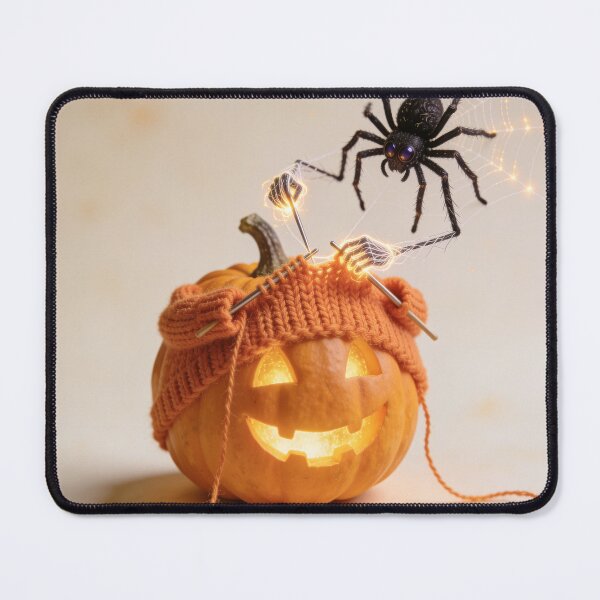 Item preview, Cute Black Spider Knitting a Cozy Knit Hat for a Jack O' Lantern designed and sold by OksArtStudio.