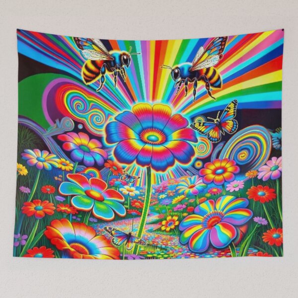 Item preview, Psychedelic Rainbow Flower Garden - Trippy Neon Bee Art designed and sold by Nexus Space.