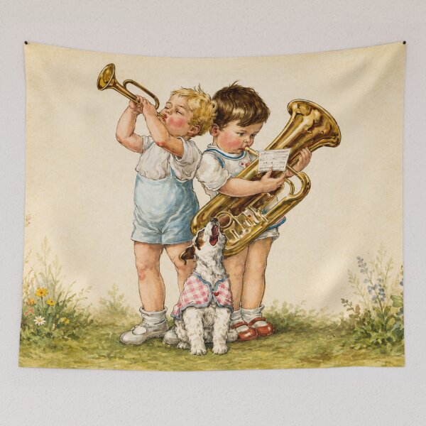 Item preview, Vintage illustration children playing brass instruments dog — nursery decor lovers designed and sold by RickE.