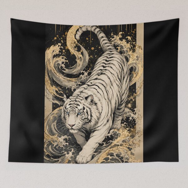 Item preview, White Tiger Ocean Wave Relief Art | Embossed Wildlife Wall Decor | Majestic White Tiger | Oriental Ocean Sculpture Style | Textured Animal Artwork | Zen Home Decor designed and sold by ManJiangHong.