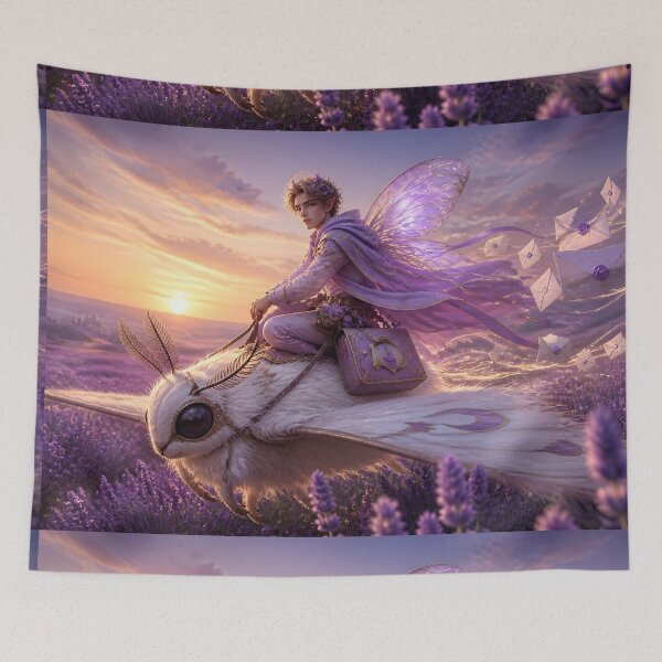 Item preview, Fairy Courier Riding White Moth Over Lavender Fields designed and sold by sigmaartstudio.