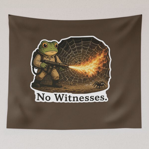 Item preview, No Witnesses Frog Sticker – Funny Spider Flamethrower Meme designed and sold by SimplePoDesign.