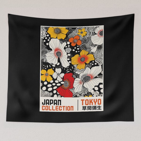 Item preview, Yayoi Kusama Flower Poster Print - Japan Collection Tokyo, Colorful Polka Dot Floral Wall Art Black Background designed and sold by MorningJoco.