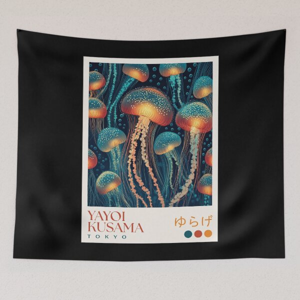 Item preview, Yayoi Kusama Jellyfish Poster Print - Glowing Blue Orange Jellyfish Wall Art, Tokyo Polka Dot Ocean Decor designed and sold by scrambledpeg.