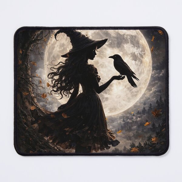 Item preview, Silhouette Young Beautiful Witch and Crow or Raven by Moonlight Cute Halloween designed and sold by Stephanie Laird.
