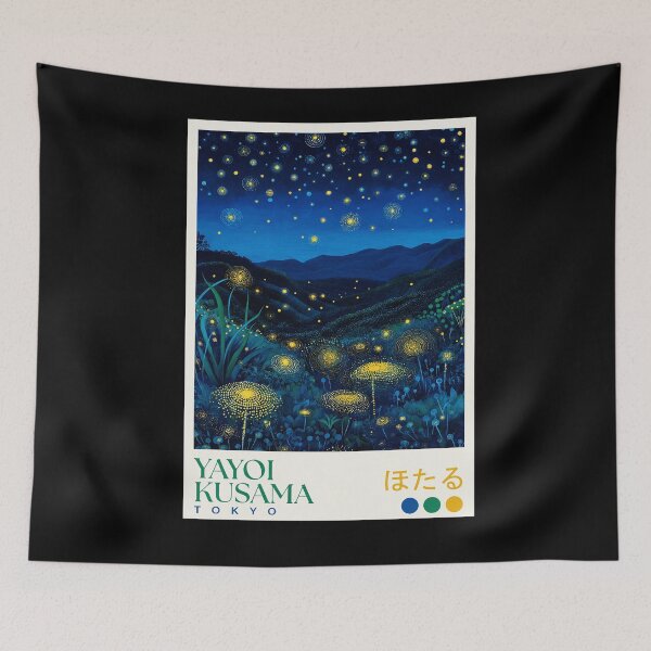 Item preview, Yayoi Kusama Firefly Poster Print - Blue Yellow Glowing Dandelion Night Landscape Wall Art, Tokyo Art designed and sold by MorningJoco.
