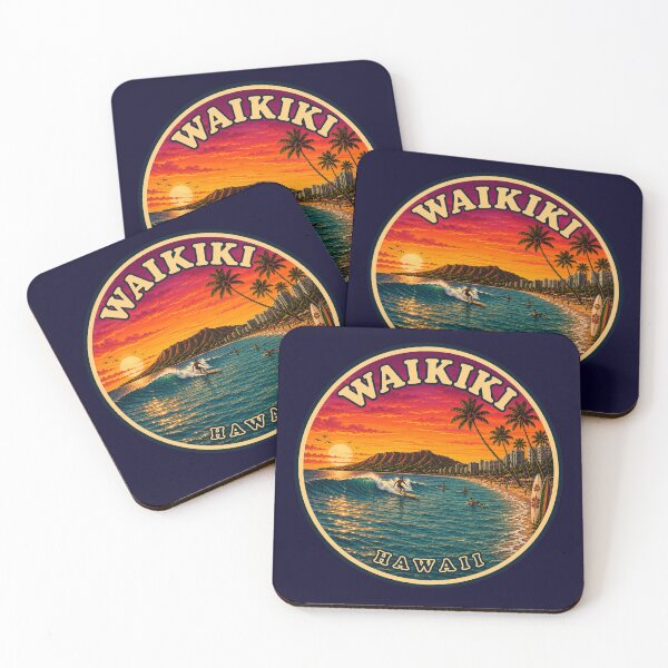 Item preview, Waikiki Hawaii Retro Surf Badge Sticker | Diamond Head Sunset Travel Art designed and sold by Swanny's Custom T-shirt and Gift Designs.