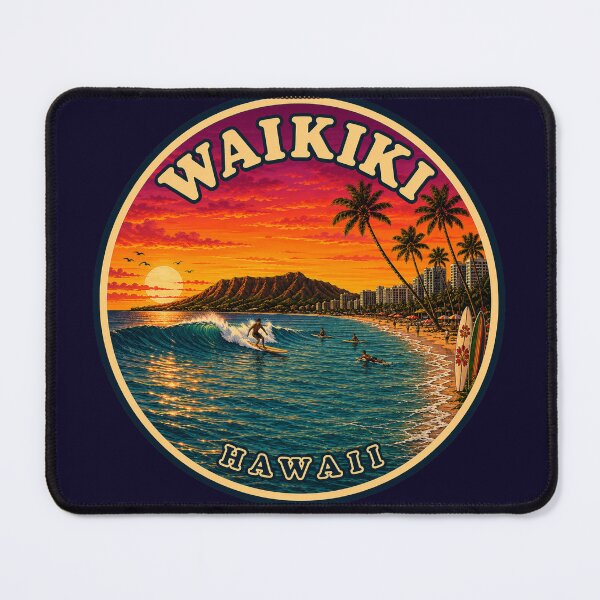Item preview, Waikiki Hawaii Retro Surf Badge Sticker | Diamond Head Sunset Travel Art designed and sold by Swanny's Custom T-shirt and Gift Designs.
