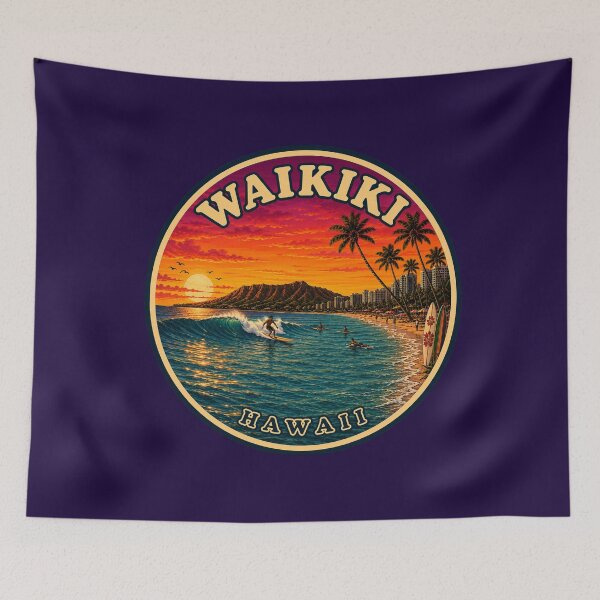 Item preview, Waikiki Hawaii Retro Surf Badge Sticker | Diamond Head Sunset Travel Art designed and sold by Swanny's Custom T-shirt and Gift Designs.