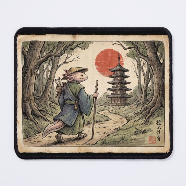 Item preview, Japanese Ukiyo-e Axolotl Monk Samurai Pagoda Vintage Art designed and sold by TeNovaStudio.