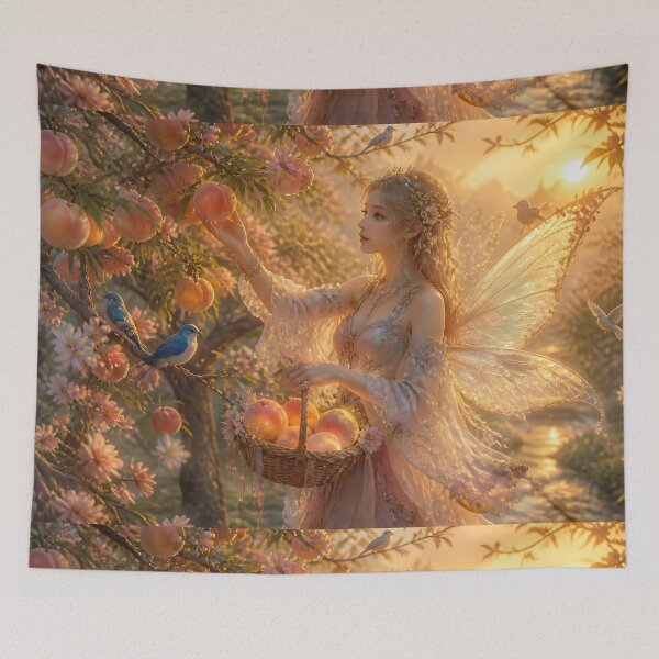 Item preview, Fairy Harvesting Glowing Peaches in Enchanted Orchard designed and sold by sigmaartstudio.
