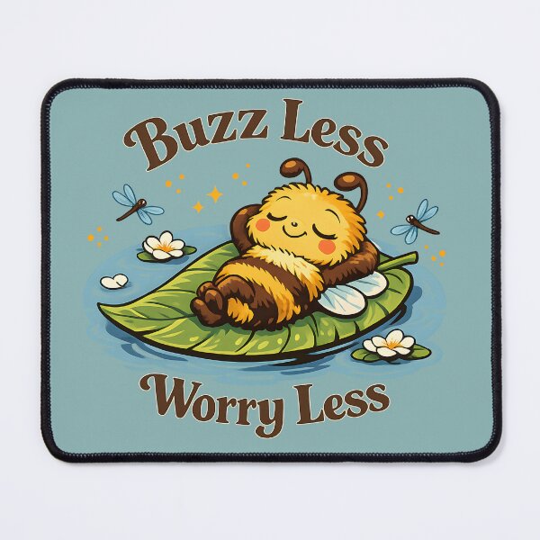 Item preview, Buzz Less Worry Less Cute Bee Floating on Leaf Retro Vintage Nature T-Shirt Relaxing Bee Mascot Vector designed and sold by MAD's Recreation Studio.