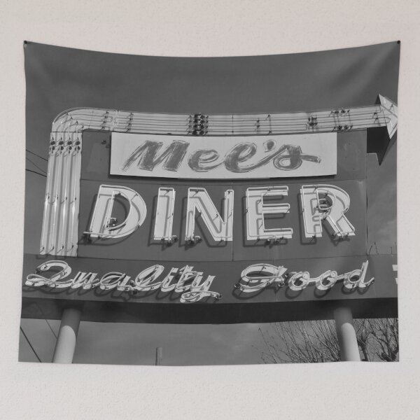 Item preview, Mel's American diner roadside black and white photograph for kitchen and dining room decor designed and sold by Astrid Arkhangelsky.