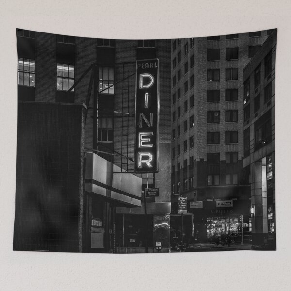 Item preview, Nighthawks neon sign diner black and white photograph for kitchen and dining room decor designed and sold by Astrid Arkhangelsky.