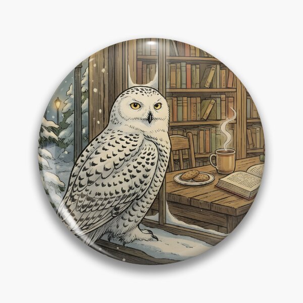 Item preview, Snowy owl next to a cozy library on a vintage snowy night designed and sold by CoffeeinBloom.