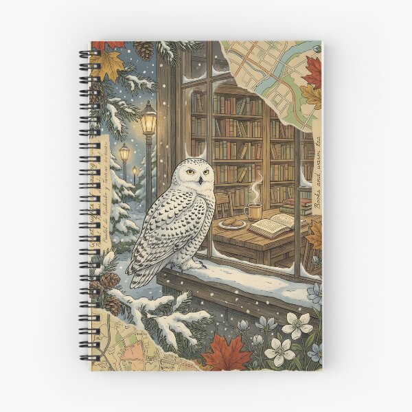 Item preview, Snowy owl next to a cozy library on a vintage snowy night designed and sold by CoffeeinBloom.