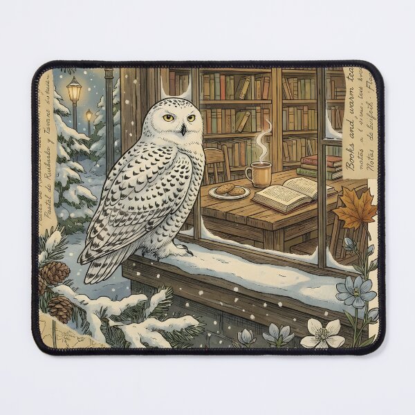 Item preview, Snowy owl next to a cozy library on a vintage snowy night designed and sold by CoffeeinBloom.