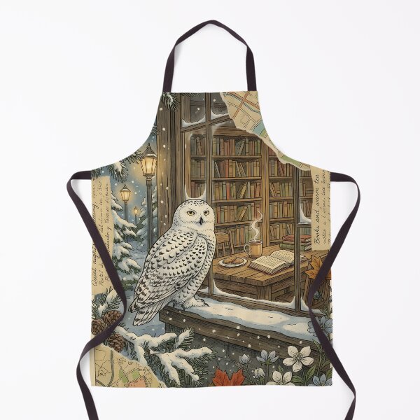 Item preview, Snowy owl next to a cozy library on a vintage snowy night designed and sold by CoffeeinBloom.