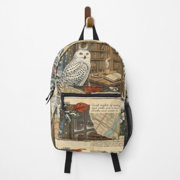 Item preview, Snowy owl next to a cozy library on a vintage snowy night designed and sold by CoffeeinBloom.