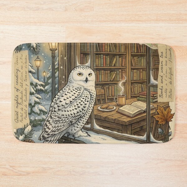 Item preview, Snowy owl next to a cozy library on a vintage snowy night designed and sold by CoffeeinBloom.