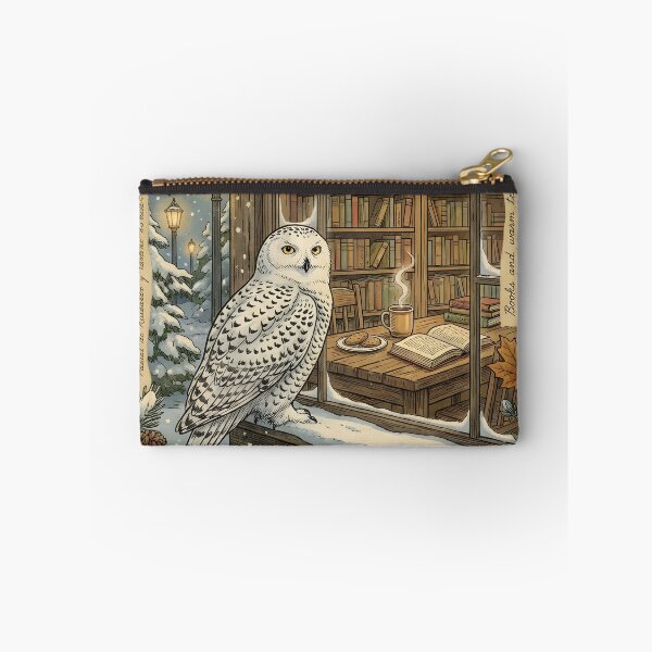 Item preview, Snowy owl next to a cozy library on a vintage snowy night designed and sold by CoffeeinBloom.