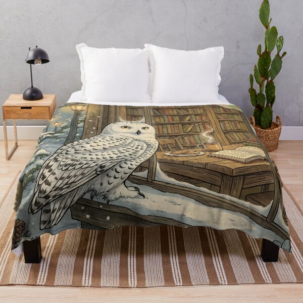 Item preview, Snowy owl next to a cozy library on a vintage snowy night designed and sold by CoffeeinBloom.