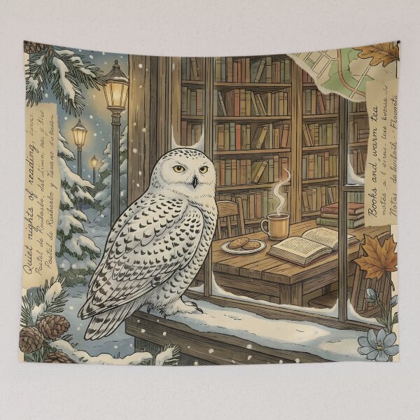 Item preview, Snowy owl next to a cozy library on a vintage snowy night designed and sold by CoffeeinBloom.