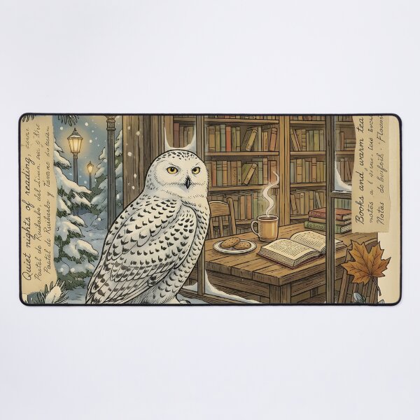 Item preview, Snowy owl next to a cozy library on a vintage snowy night designed and sold by CoffeeinBloom.