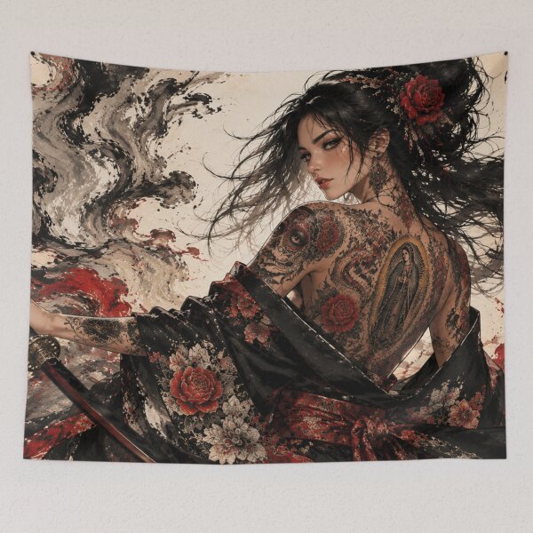 Item preview, Mexican Tattoo Samurai Woman in Black and Red designed and sold by Japan-kanji-ya.