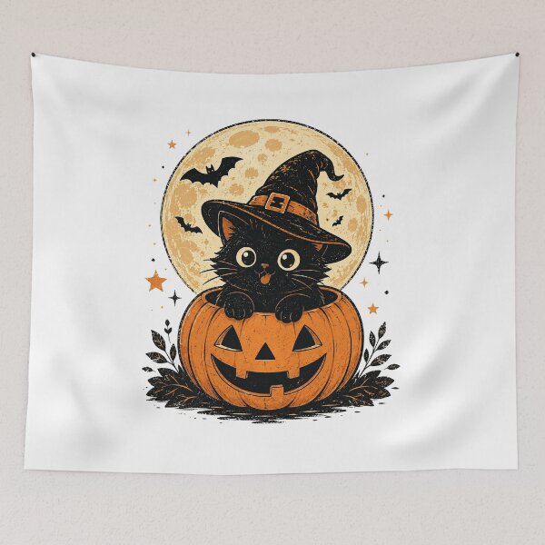 Item preview, Vintage Black Cat Witch Hat Pumpkin Moon designed and sold by Ghostly Cats.