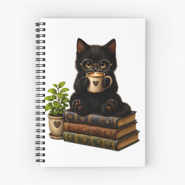 Item preview, Cute Black Cat Drinking Coffee on Vintage Books designed and sold by Rhimoushop.
