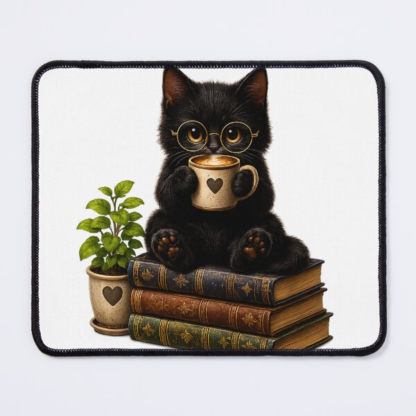 Item preview, Cute Black Cat Drinking Coffee on Vintage Books designed and sold by Rhimoushop.