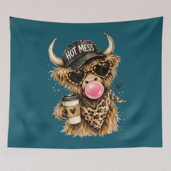 Item preview, Hot Mess Highland Cow Bubblegum Sunglasses Coffee Lover designed and sold by FrankIsabel.
