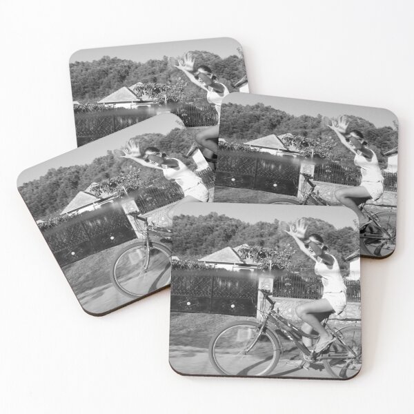 Item preview, Hands free - woman riding bicycle summer fun black and white photograph designed and sold by Astrid Arkhangelsky.